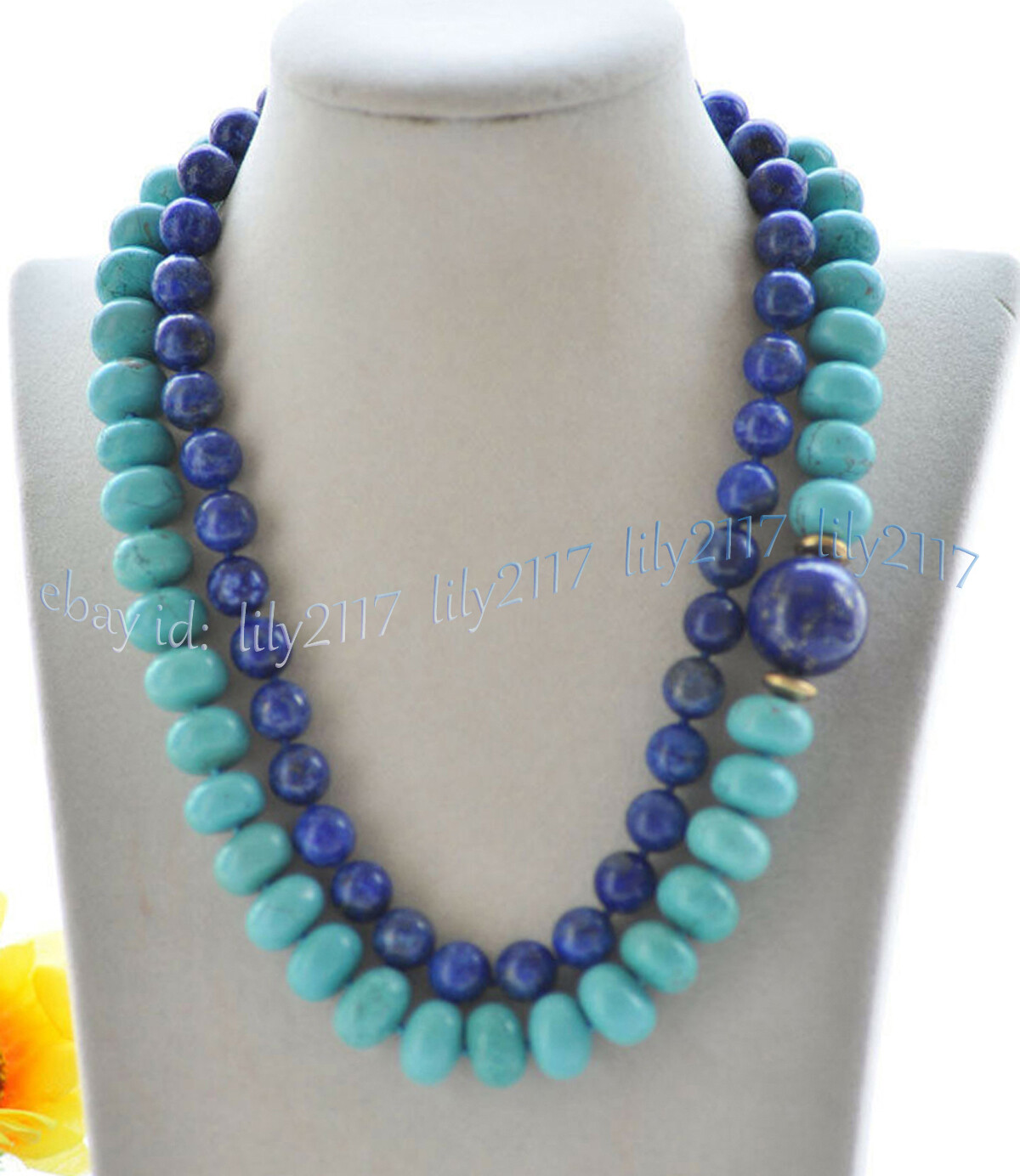 2 Rows 5x8mm Blue Turquoise Rondelle Gems & Round Lapis Lazuli Necklaces 17-18”