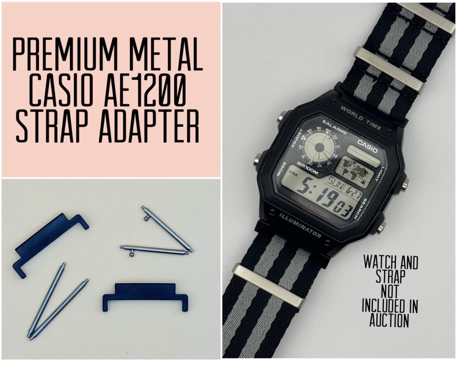 20mm Watch strap adapter For Casio Royale AE1200 Mod black steel