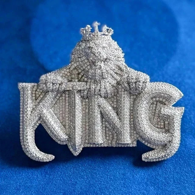 Customize 2.50Ct Round Cut Moissanite King Name Pendant 14K White Gold Plated