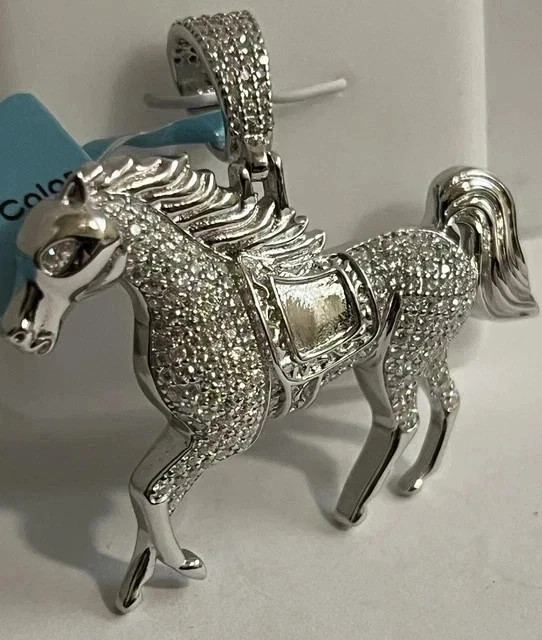 2.00Ct Round Cut Moissanite Horse Men’s Pendant 14K White Gold Plated