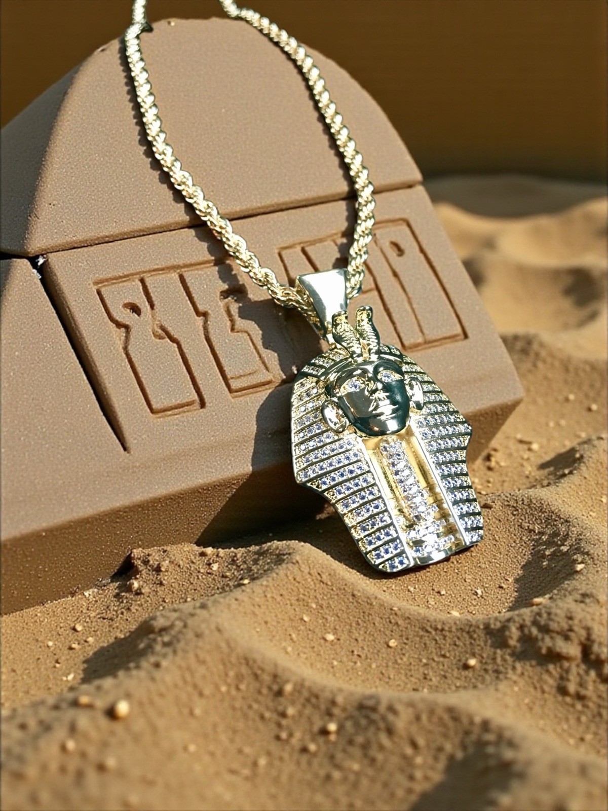 18K GOLD ROPE 24” CHAIN EGYPTIAN PHARAOH LAB DIAMONDS NECKLACE **MADE IN ITALY**