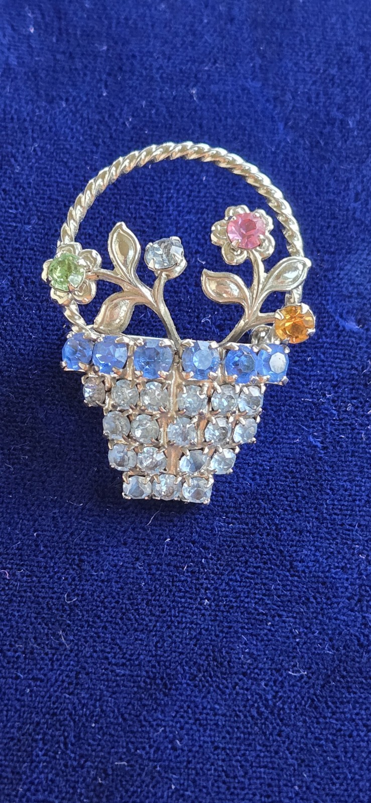 Flower Basket Crystal Rhinestone Vintage Style Brooch Pin and Silver Tone