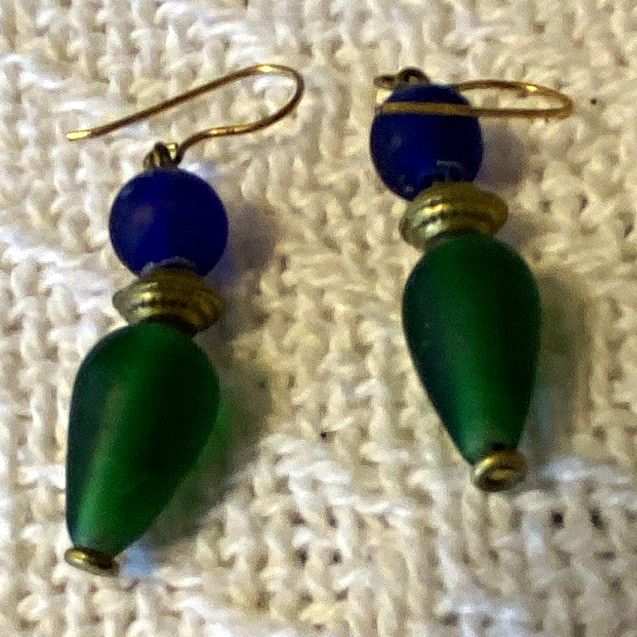 Blue Green Gold Beaded Teardrop Dangle/Drop Hook Earrings 1.75 in Lobe