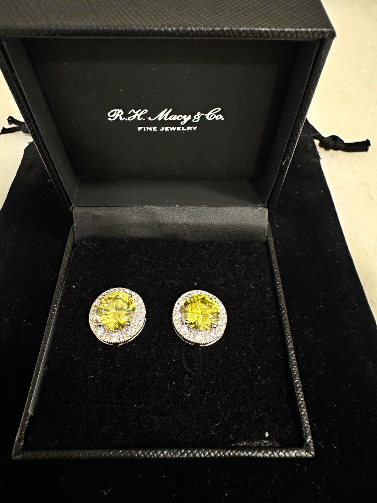 R.H. Macy & Co. 925 Sterling Silver Yellow Moissanite Halo Stud Earrings.