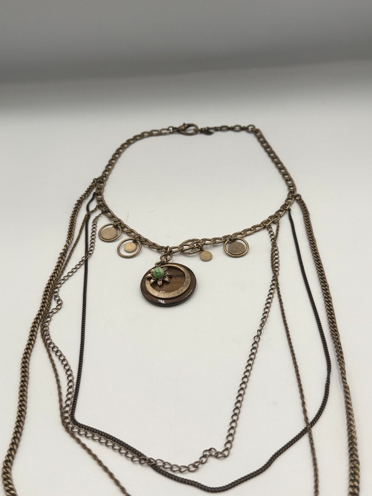 Lucky Brand Layered Boho Coin Charm Statement Necklace Bronze Turquoise Tone