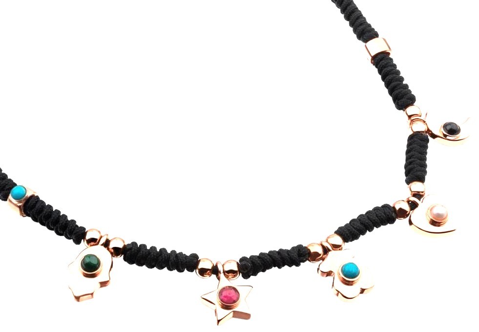 TOUS Super Power Charm Necklace Black Cord Rose Vermeil Silver Gemstone Spain
