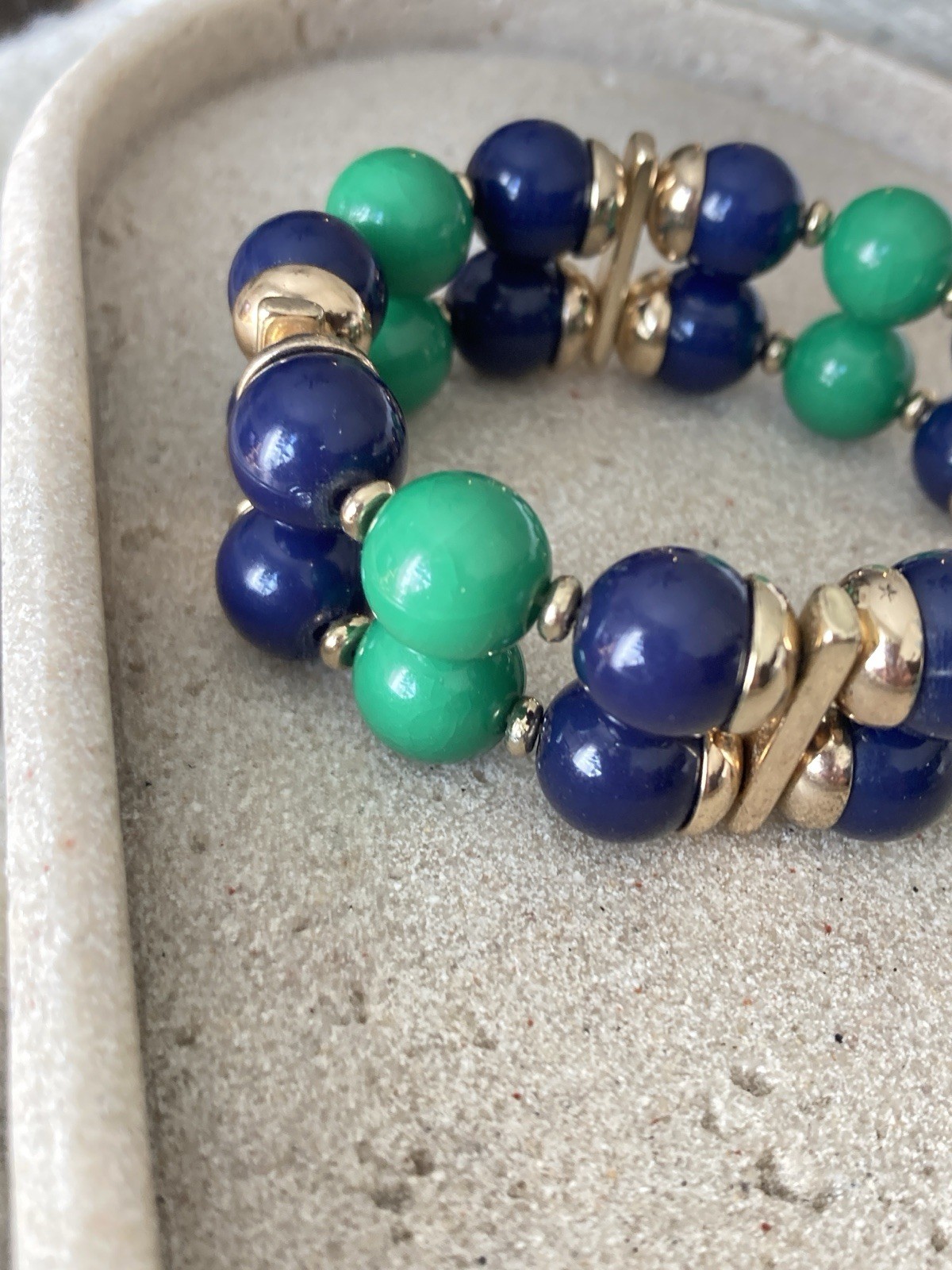 Chunky Beaded Stretch Bracelet Blue Green Gold Tone Preppy Statement Nautical