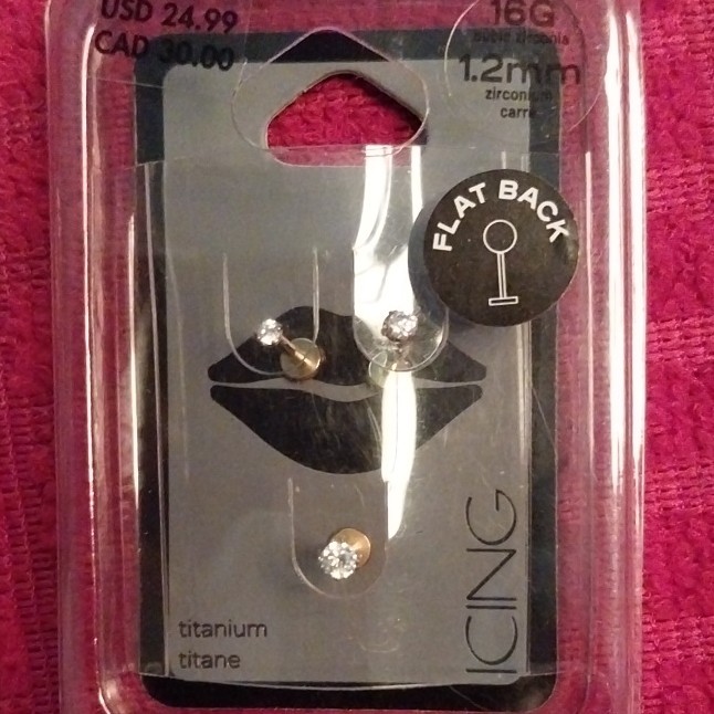 Titanium Flat Back Labret Stud 16G 1.2mm White CZ Gold Lip Lobe