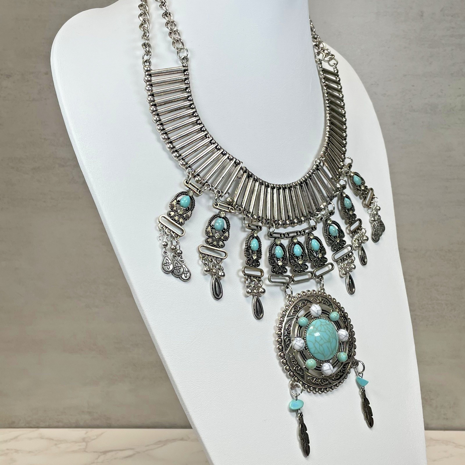 Silver Tone Faux Turquoise Matrix Statement Necklace Feather Bead Southwestern