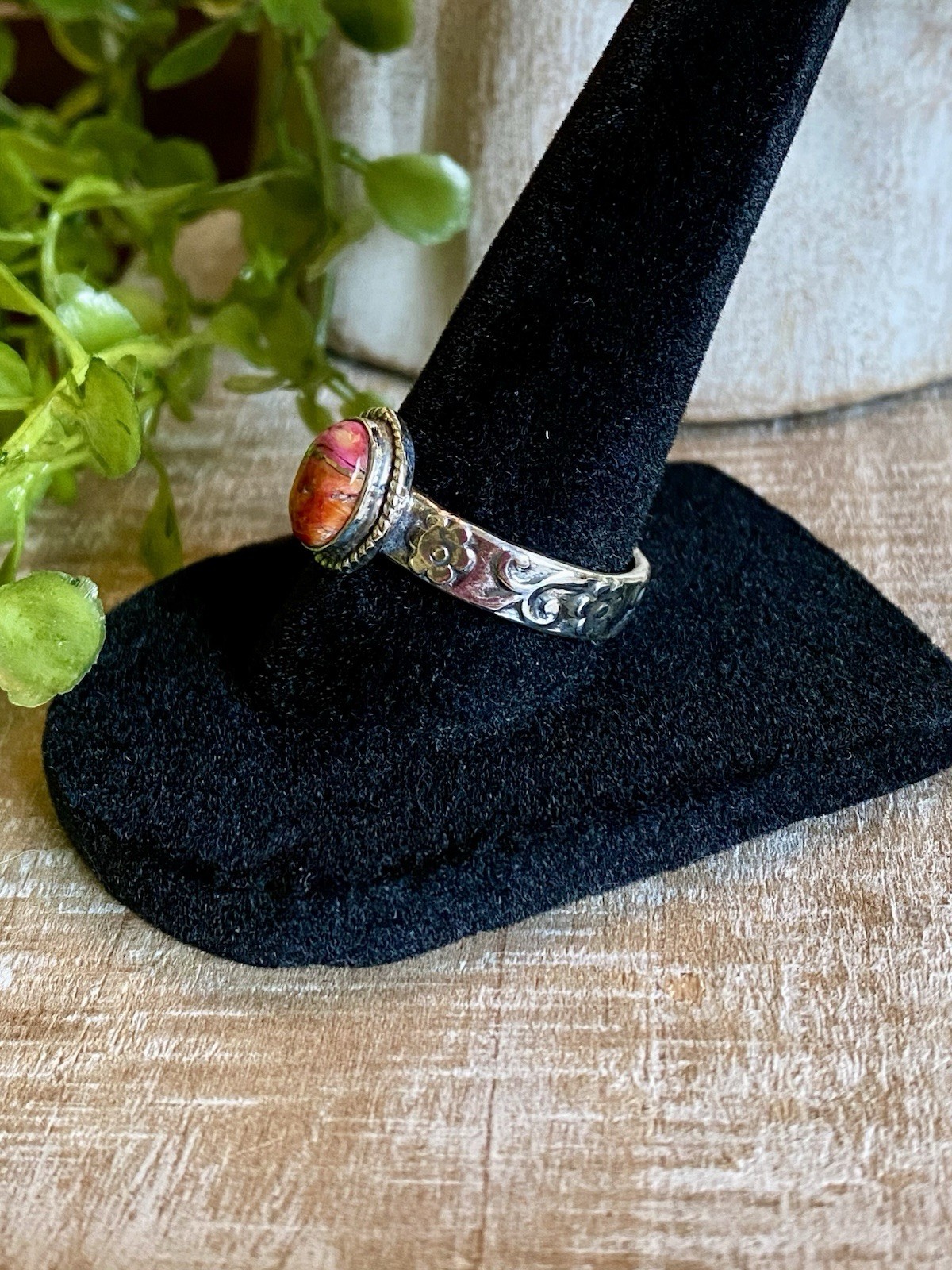 Pink Orange Spiny Oyster Shell Sterling Silver Ring Boho Southwestern Flower 8