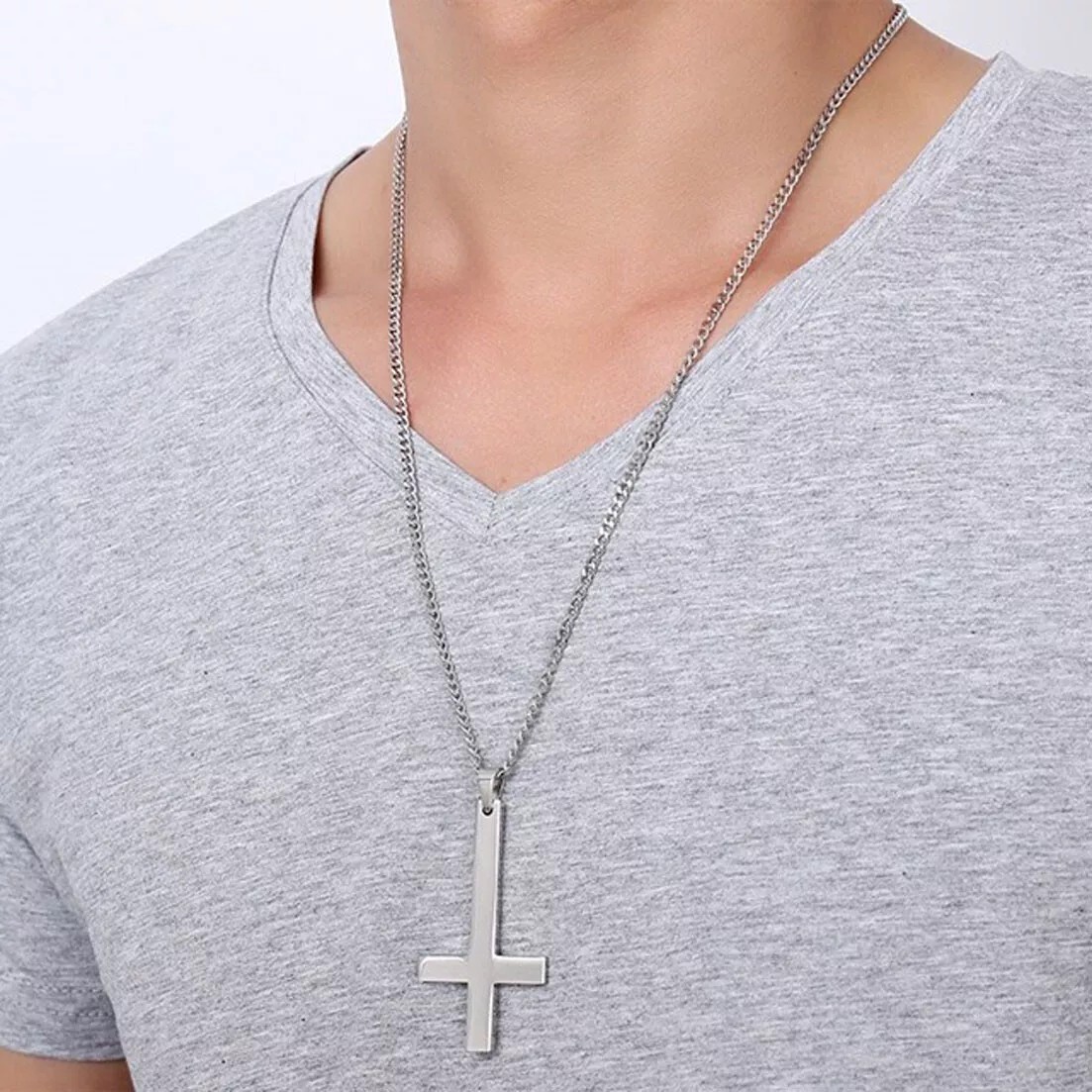 Silver Saint Peter’s Cross Necklace Inverted Stainless Steel Pendant Punk Goth