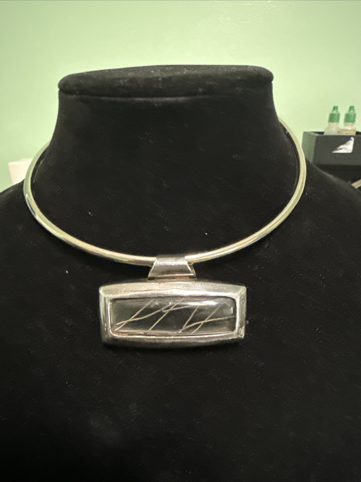 Torc Necklace Silver Toned 7 Inches. Pendant Has Silver Toned Bars Glass