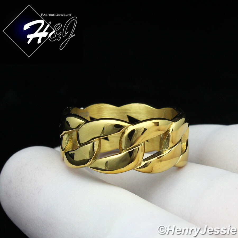 MEN WOMEN Stainless Steel 10mm Gold Plated Cuban Curb Link Ring Size 6-12*GR131