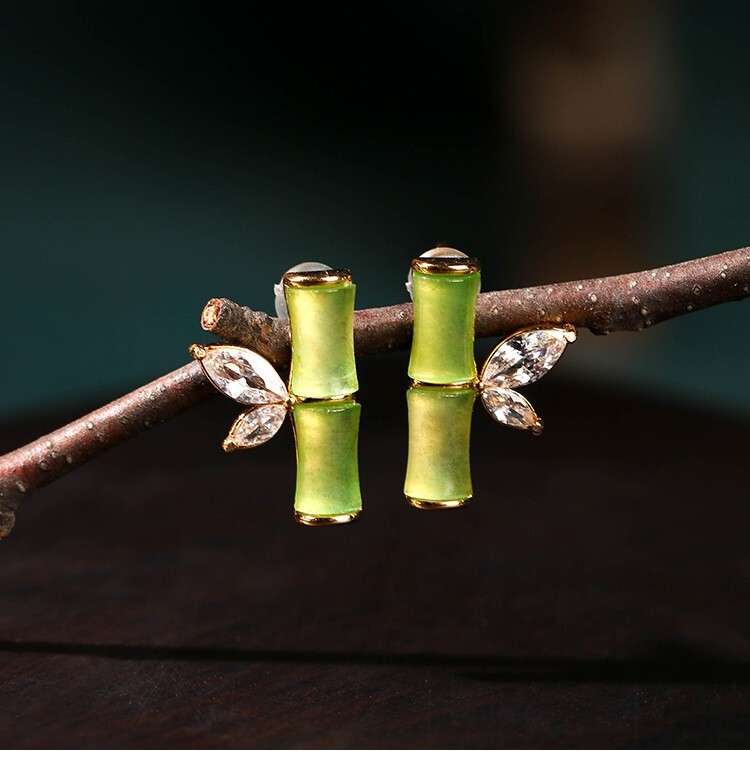 Jade Crystal Stud Earrings Bohemian Minimalist Bamboo 18K Gold Plated Gemstone