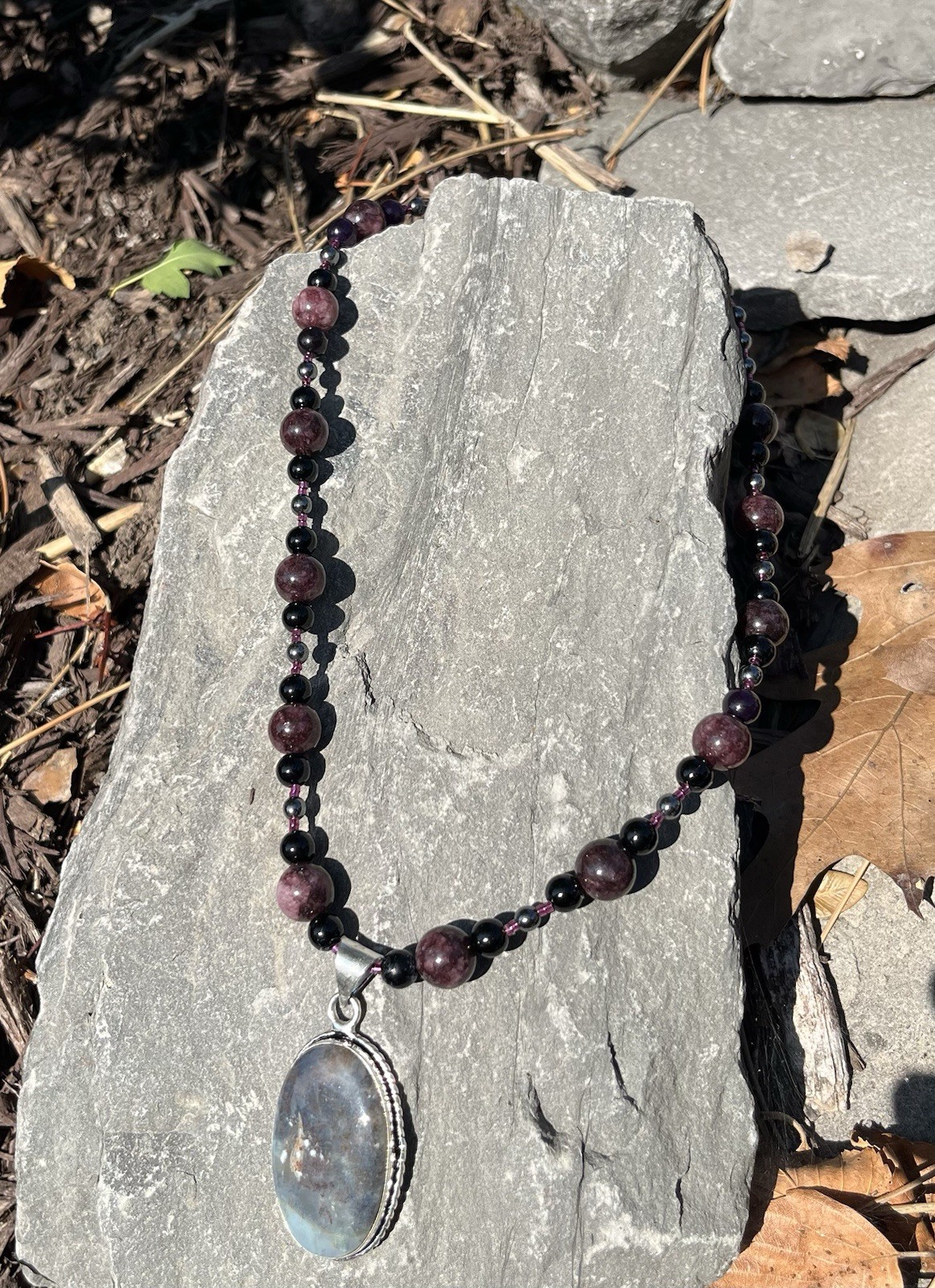 Agate 925 Pendant Necklace with Genuine Garnet, Black Accents & Hematite 18.5″