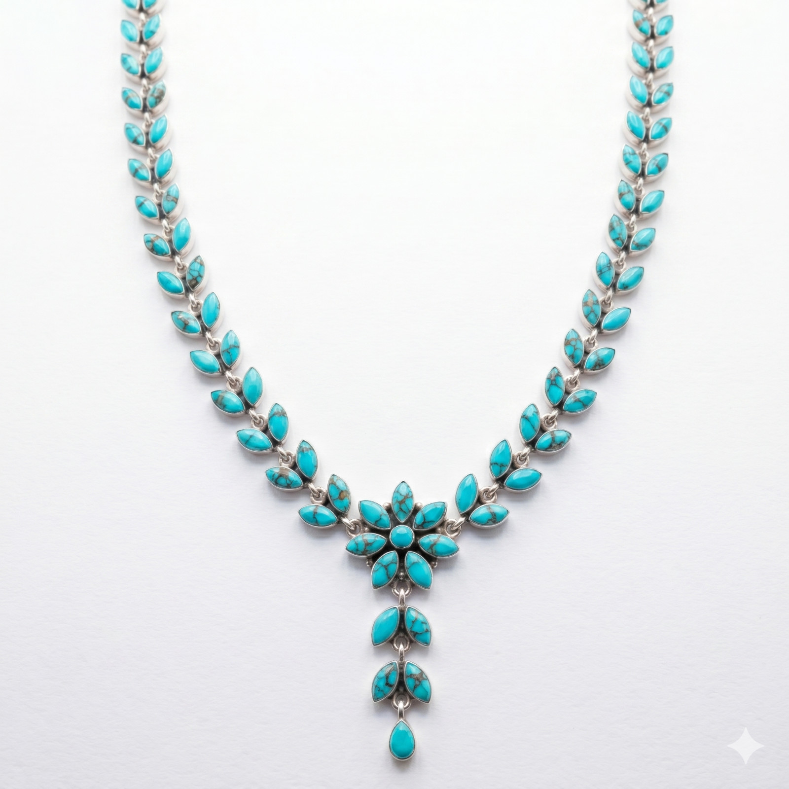 Floral Turquoise Gemstone Handmade 925 Sterling Silver Jewelry Necklace ADJ 18″