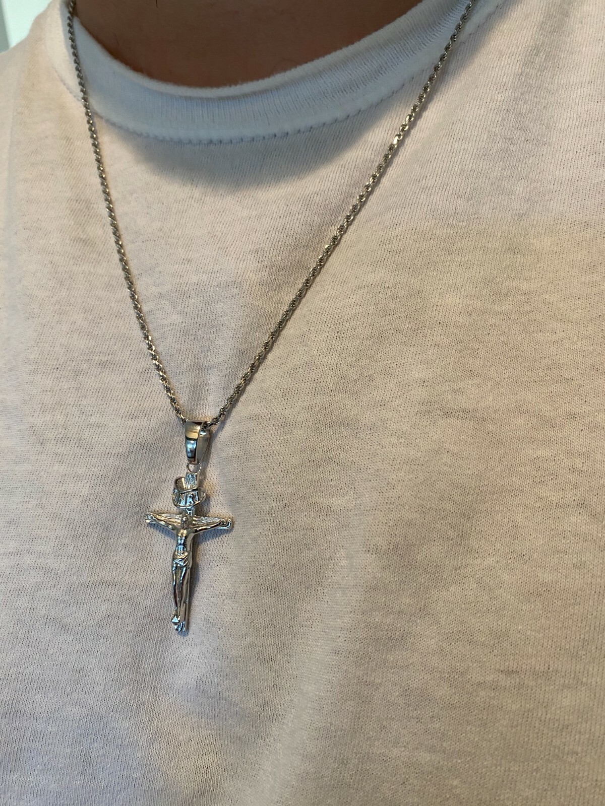 Real Solid 925 Sterling Silver Plain Inri Cross Jesus Crucifix Pendant Necklace