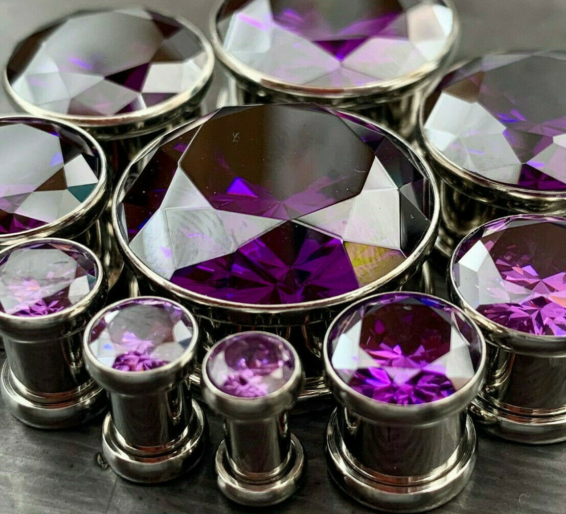 PAIR Large Purple Gem Screw Fit Tunnels Plugs Gauges – select size 6g up to 20mm