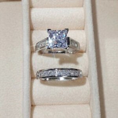 Princess Cut Lab-Created Diamond Wedding Band Bridal 925 Silver Gift Ring Set