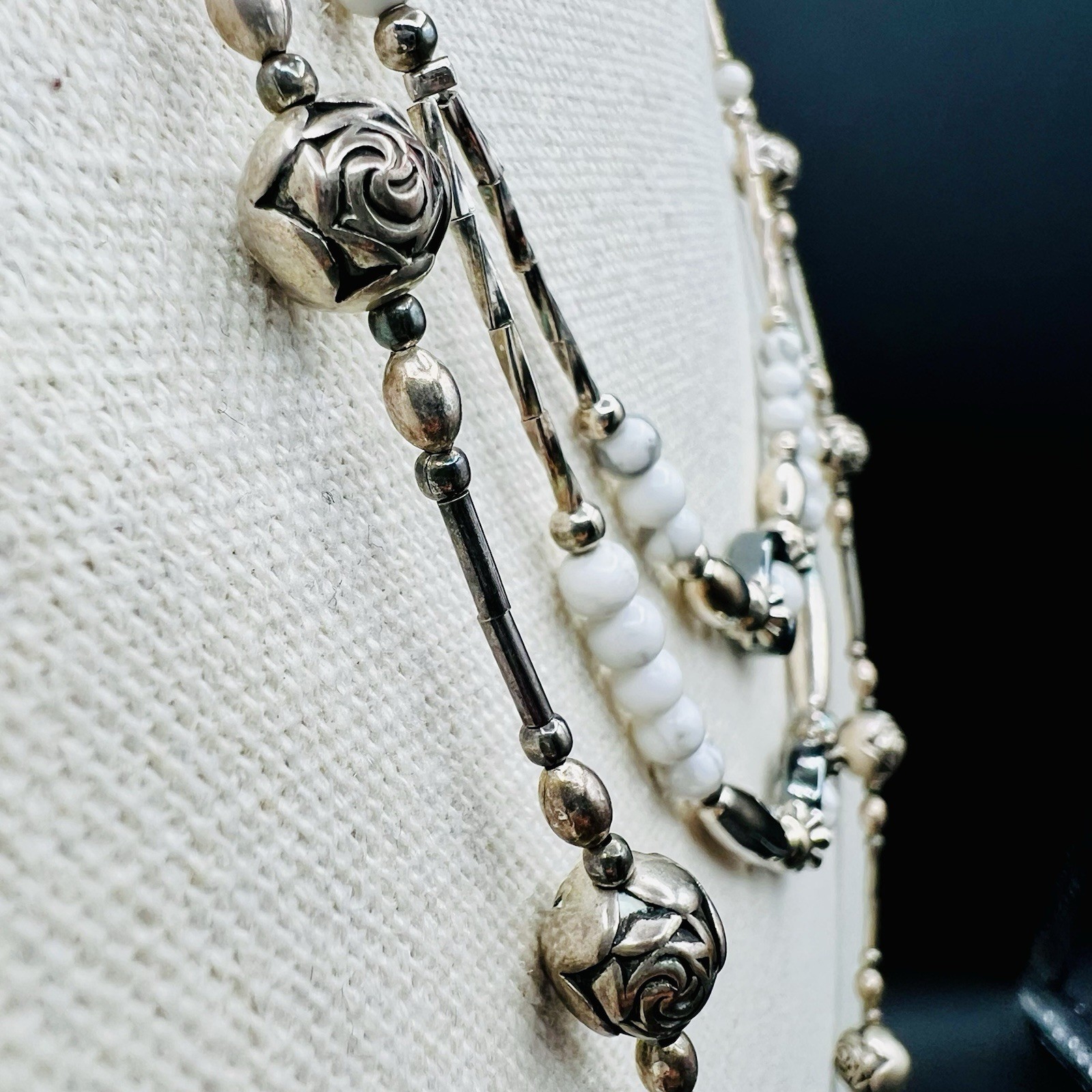 Vintage Silver Tone White Gray Marble Cabochon & Rose Ball Layered Necklace Lot