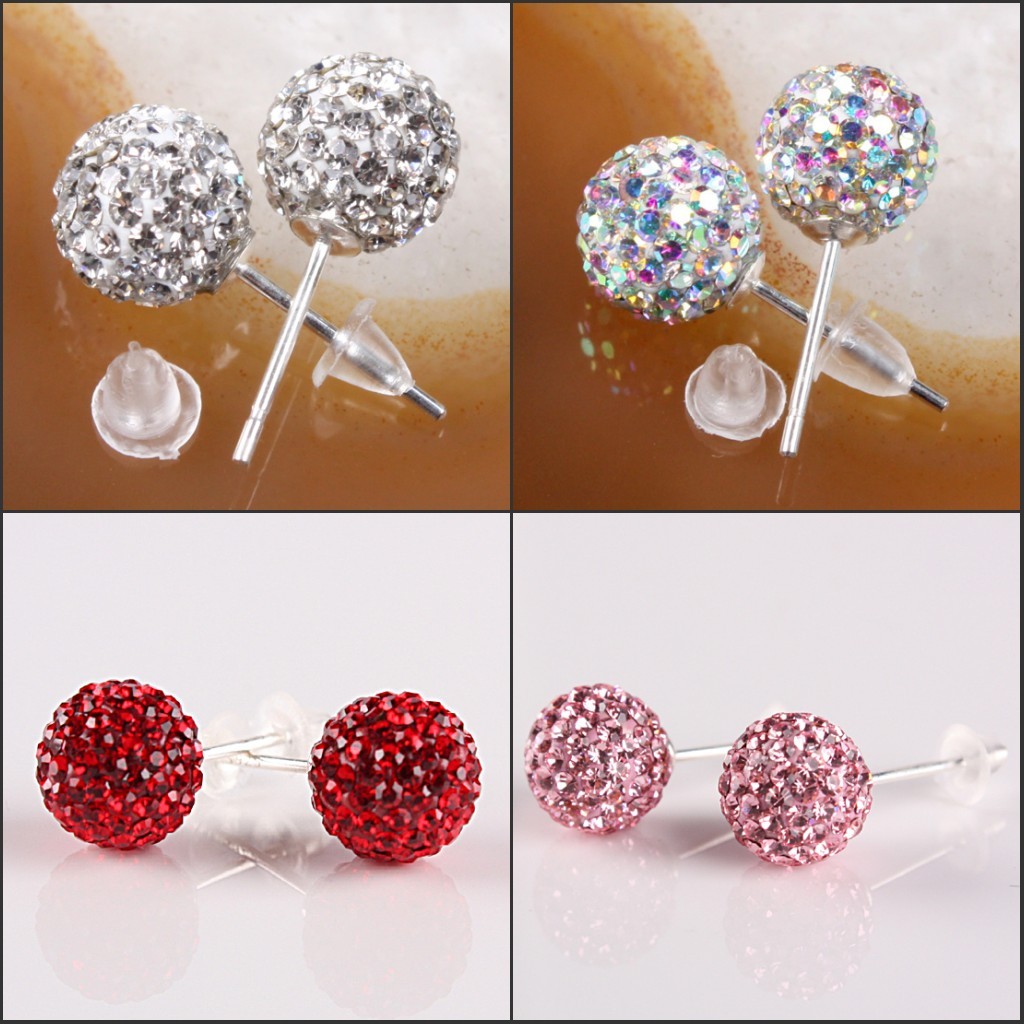 Sparkle CZ Crystal Round Disco Ball Sliver Stud Earrings 6mm 8mm 10mm 12mm New