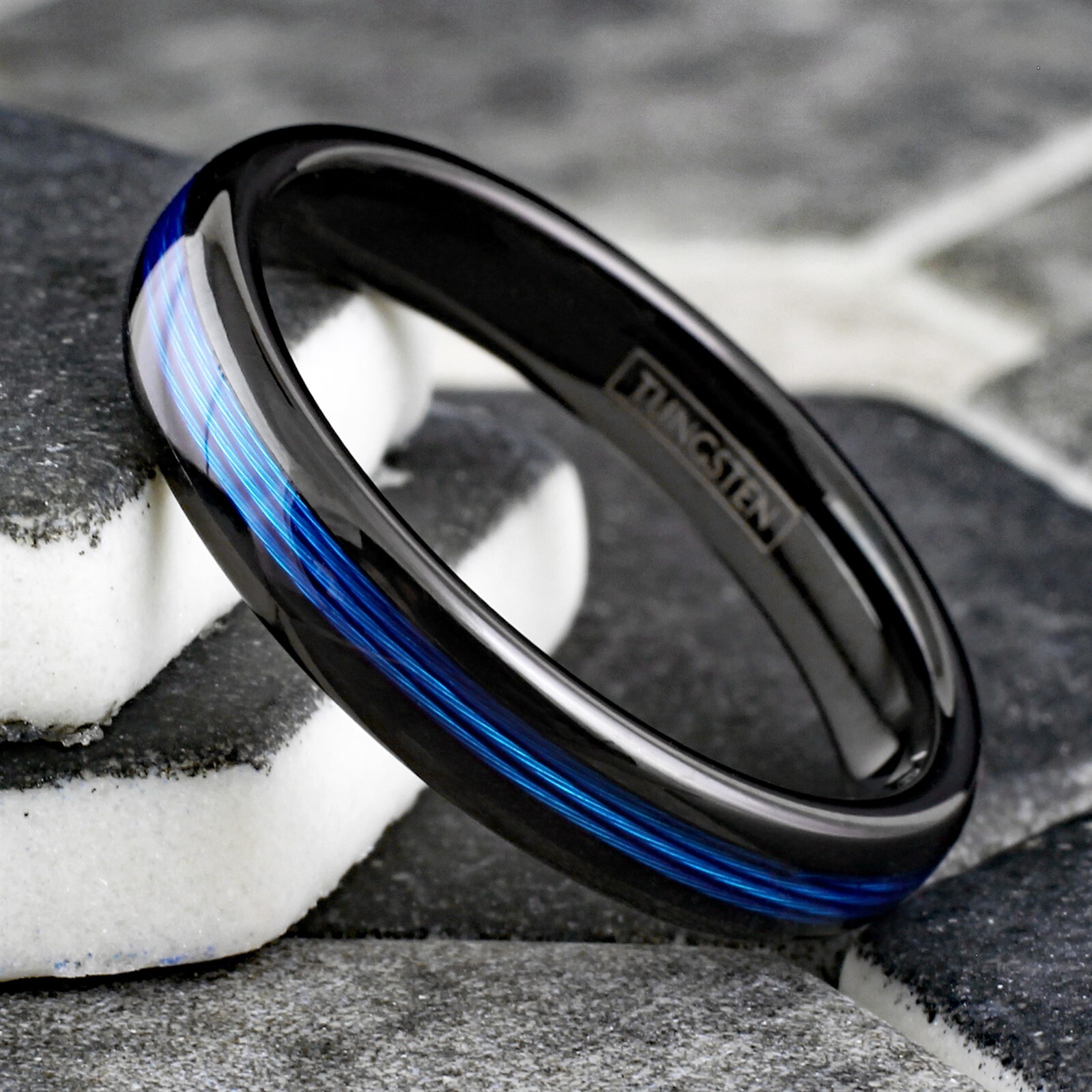Tungsten Carbide Blue Fishing Line Thin Plain Band – Black or Silver