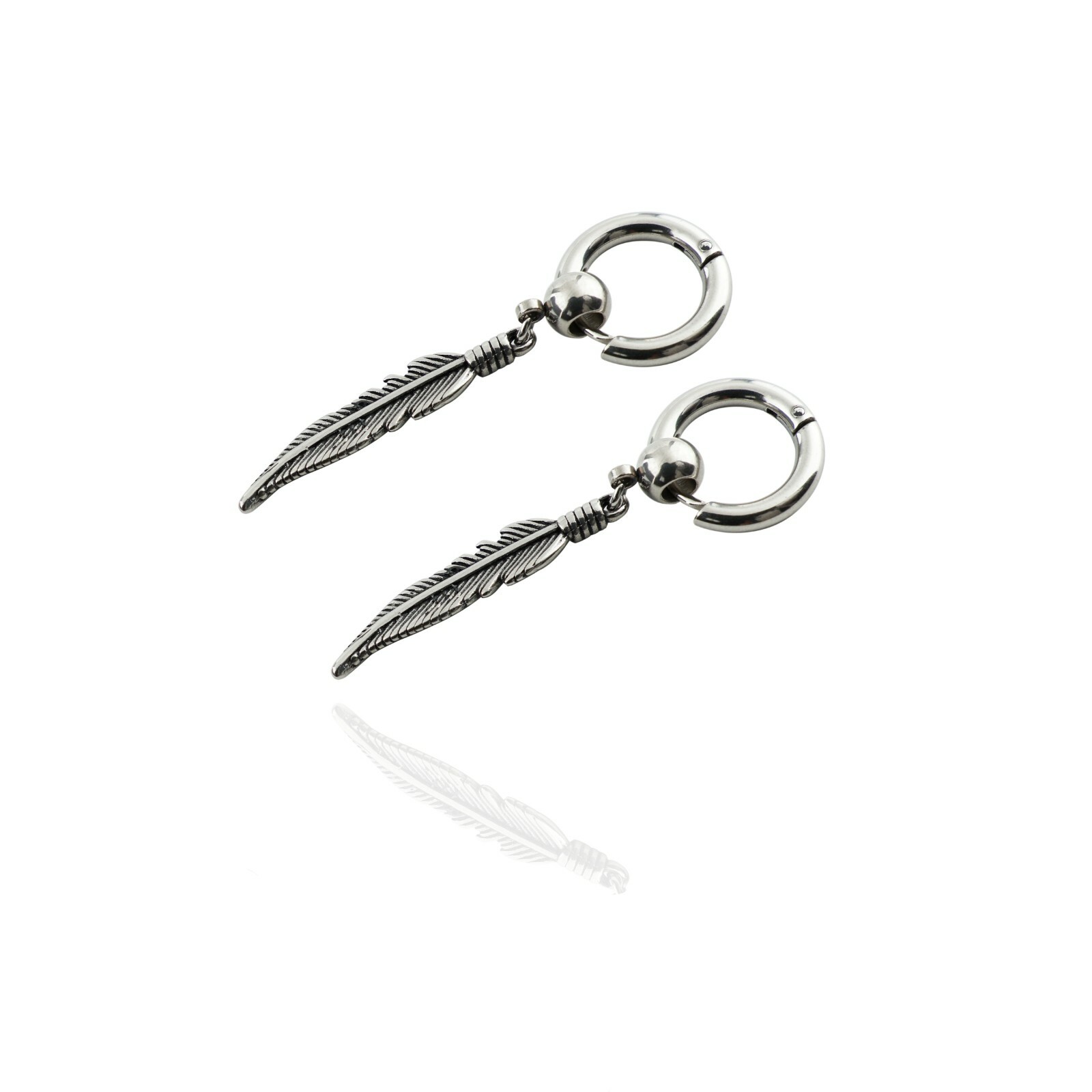 2pcs Stainless Steel Feather Circle Beads Huggie Hoop Dangle Drop Stud Earrings
