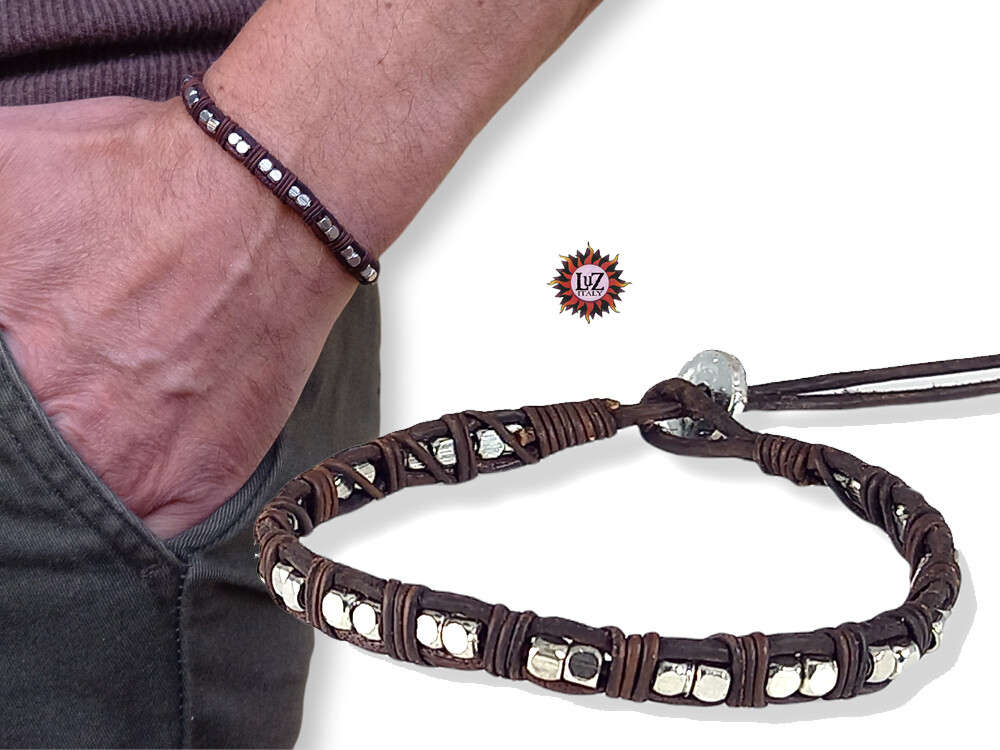 Bracciale in cuoio marrone naturale e pepite metallo – Regolabile