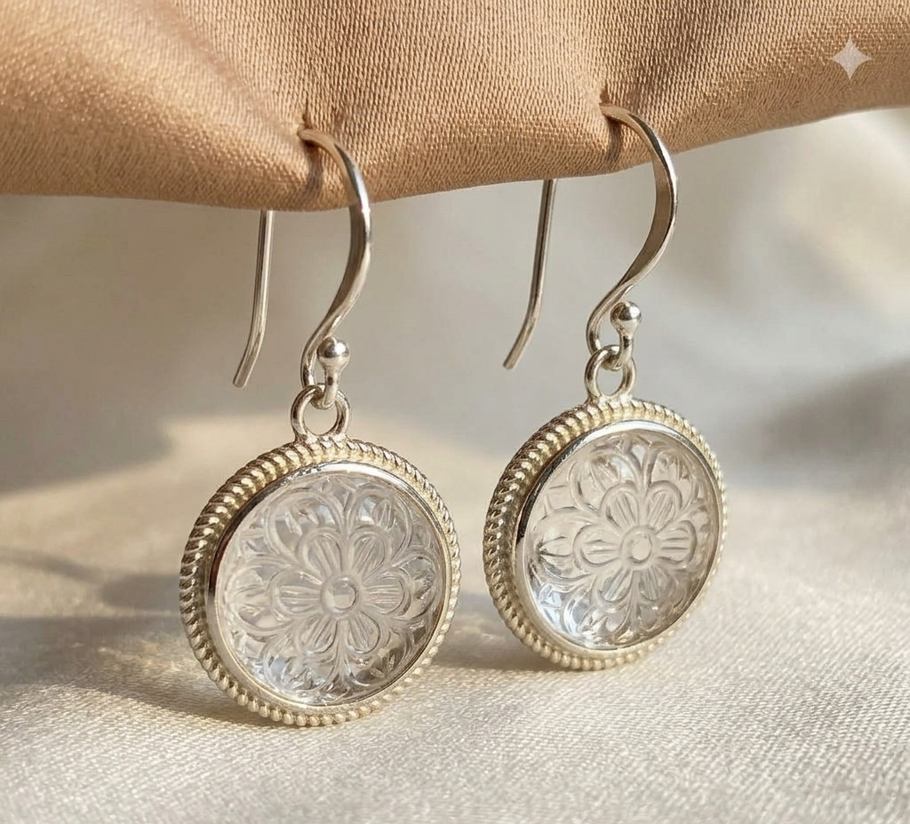 solid 925 Sterling Silver Clear Quartz carved flower dangle drop earrings