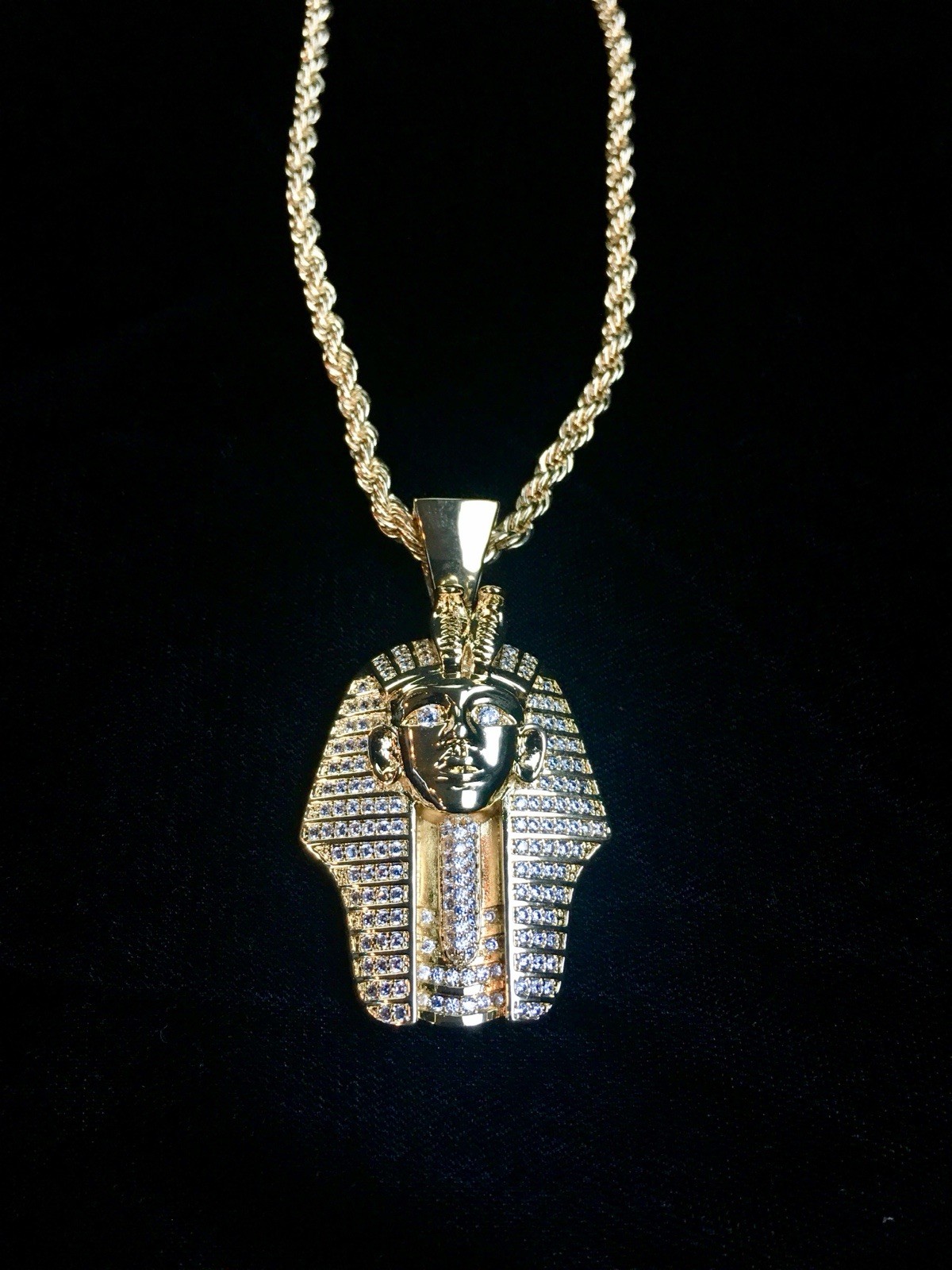 18K GOLD ROPE 24” CHAIN EGYPTIAN PHARAOH LAB DIAMONDS NECKLACE **MADE IN ITALY**