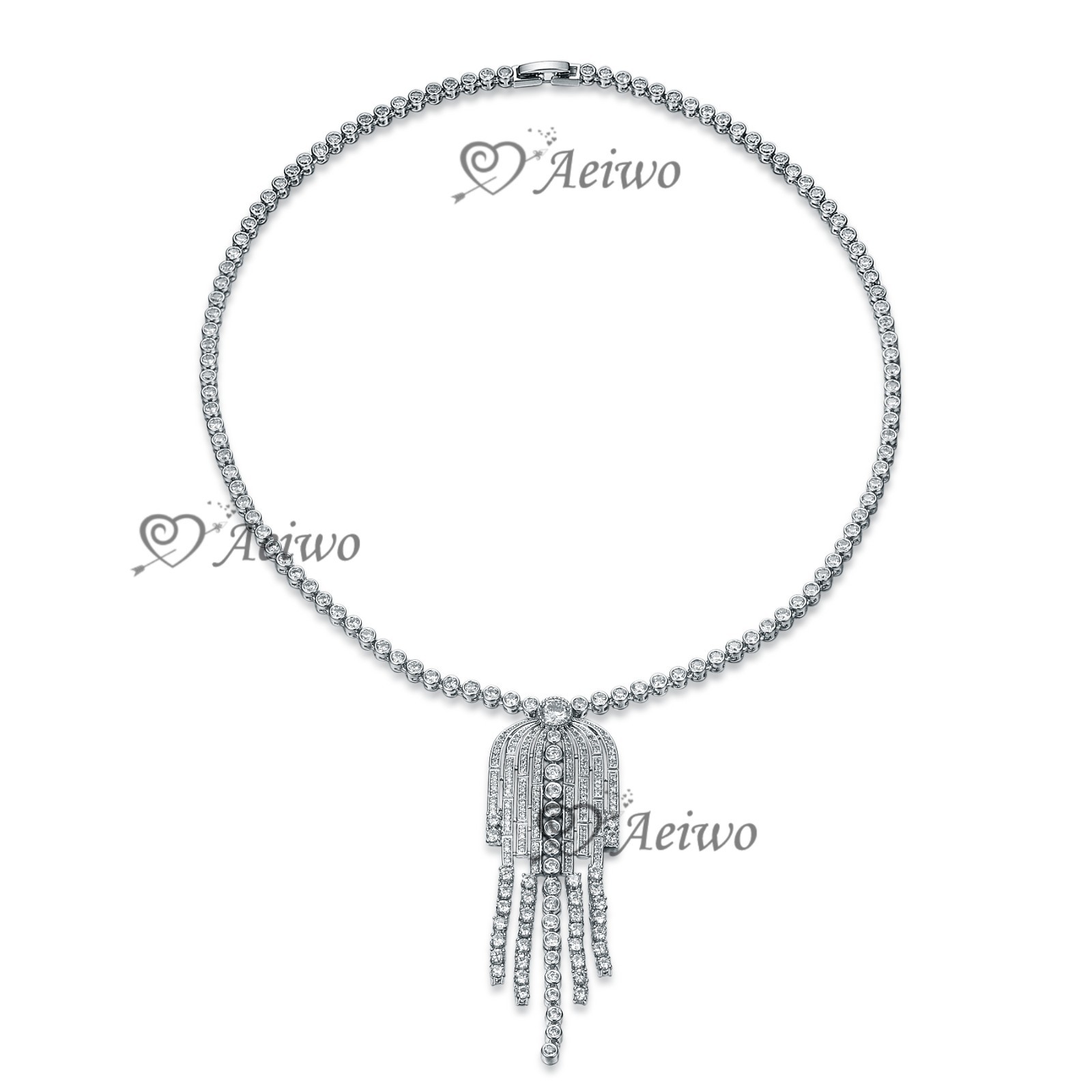18K WHITE GOLD FILLED SIMULATED DIAMOND WEDDING PARTY NECKLACE LUXURY TASSEL