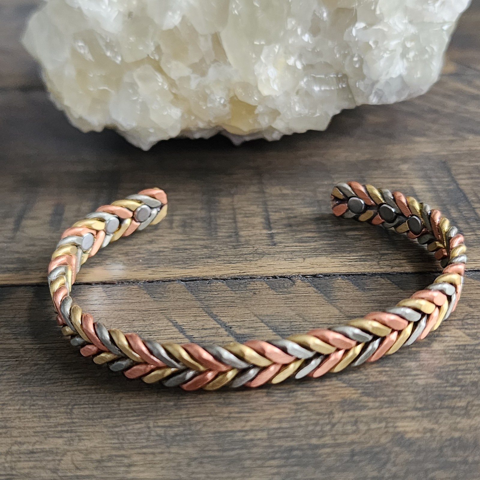 Tri Color Copper Magnetic Bracelet Woven Adjustable 6 Magnets 17.5cm 8.5mm 24g