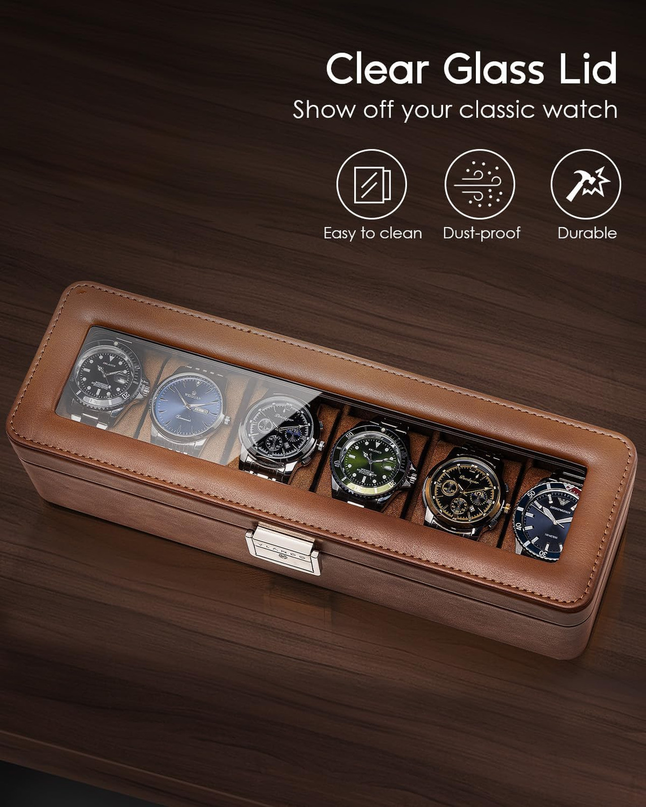 Watch Box for Men, Lockable Brown Leather-Style Organizer with Glass Lid, Six