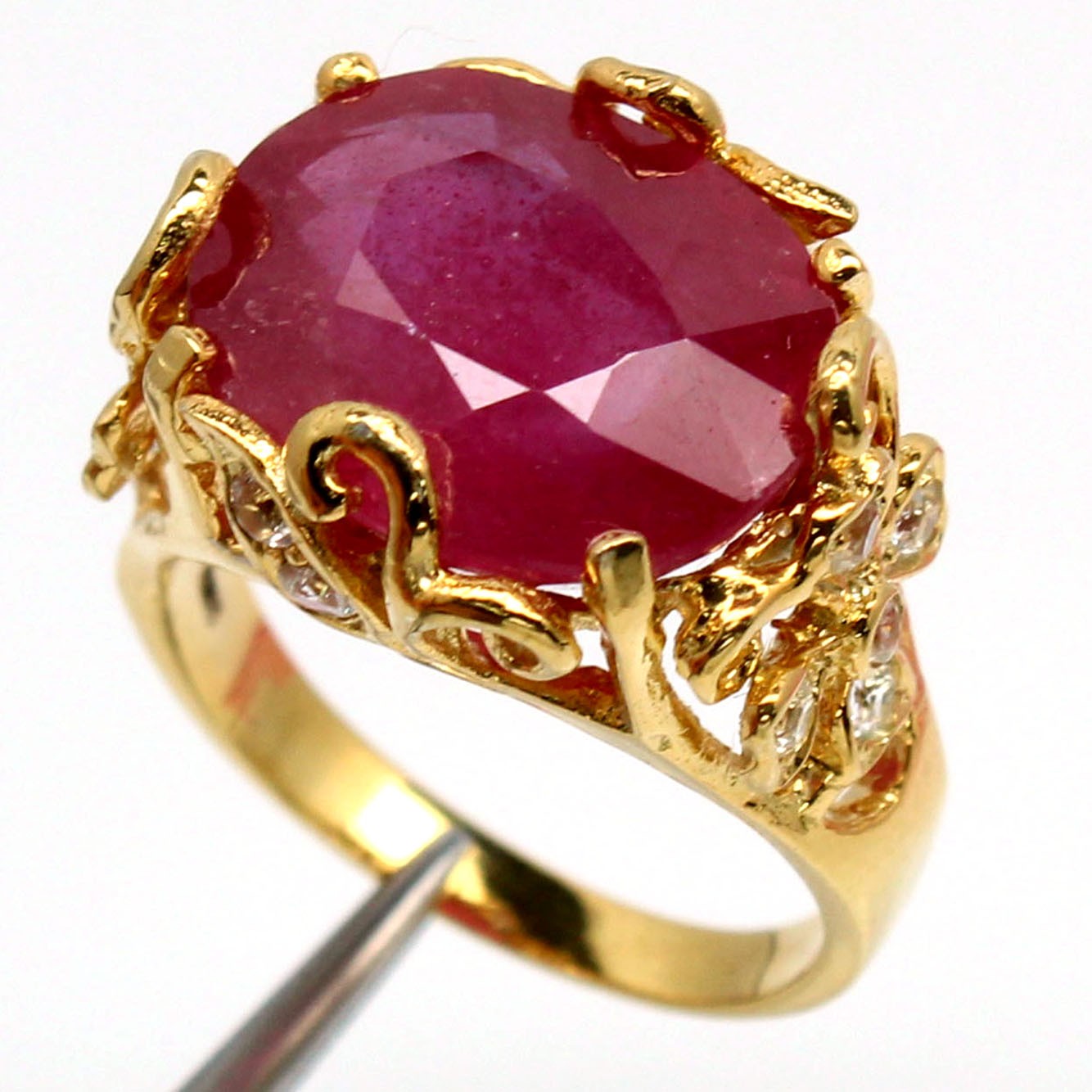 925 Sterling Silver 12 x 15 MM. Red Ruby White Zircon Ring Size 6.75