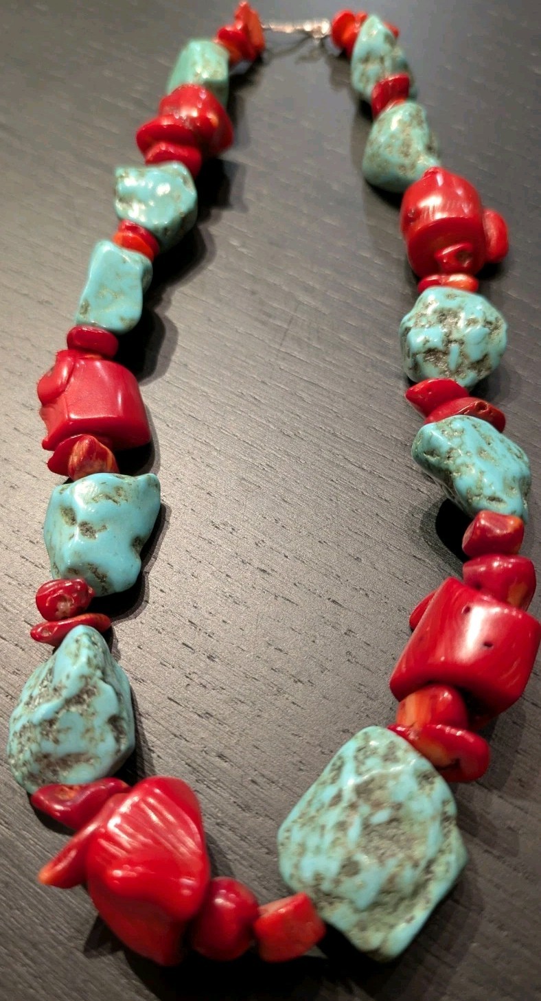 Necklace Of Organic Red Coral & Matrix-Veined Howlite Turquoise Nugget Beads 18″