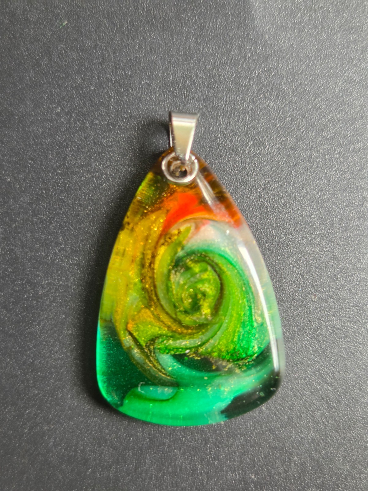 OOAK Handmade Resin Pendant Necklace Green Gold Woodland Vortex Art N111