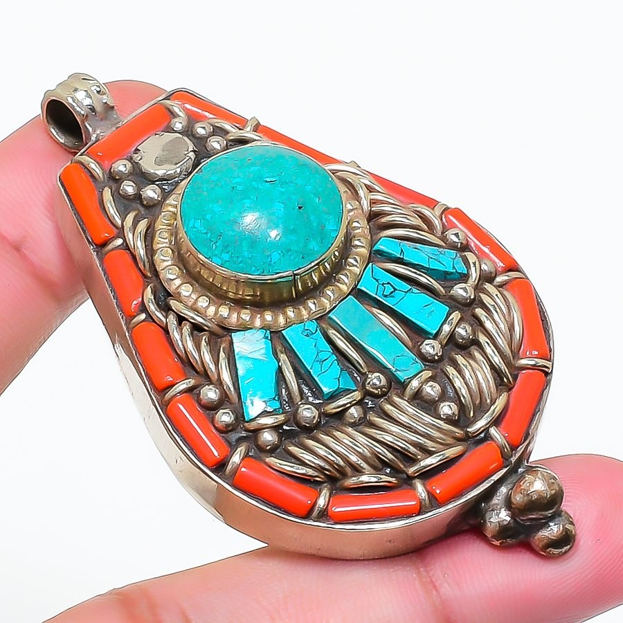Turquoise Red Coral Pendant Handmade Vintage Tibetan Nepali Jewelry 2.4″ NP 2487