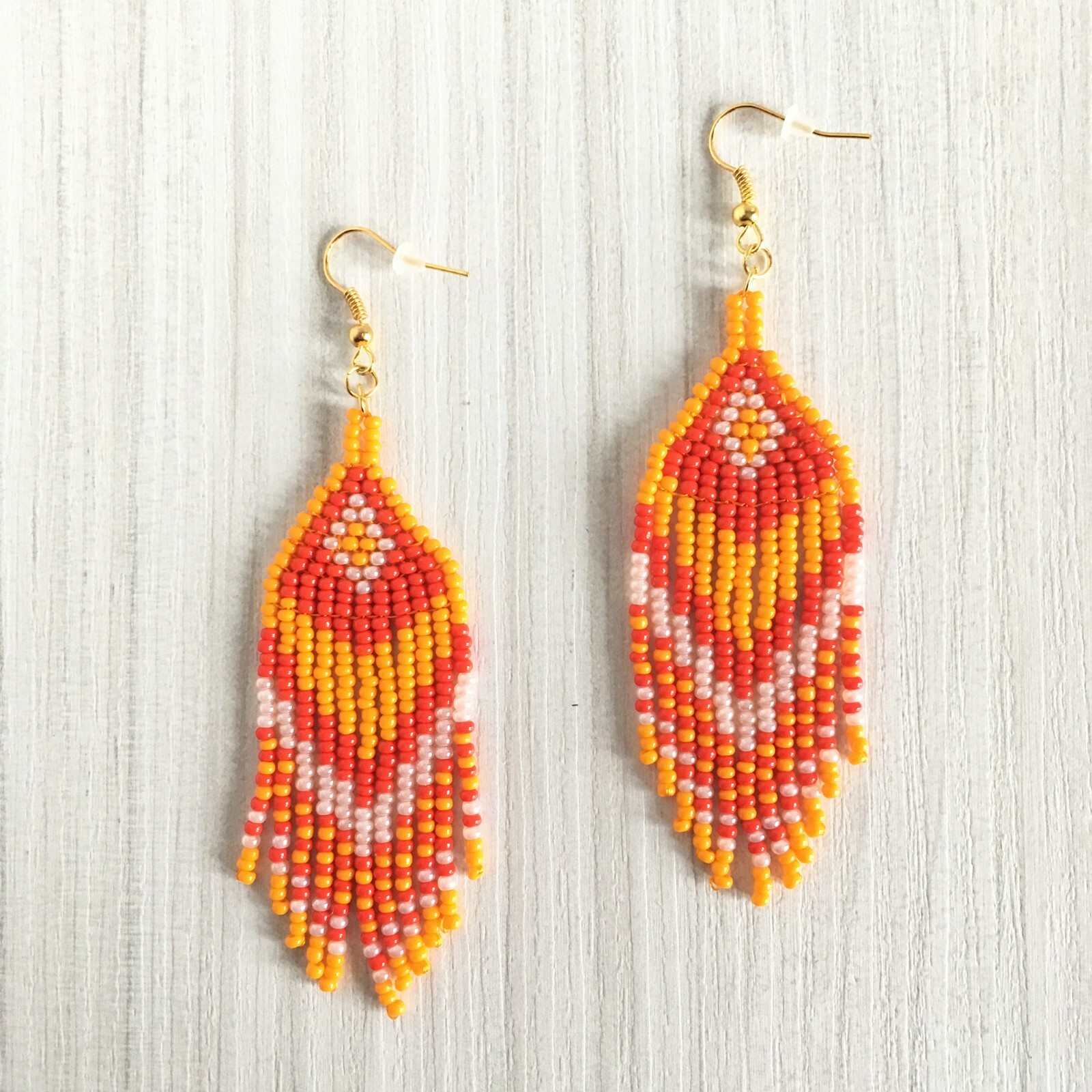 Orange red beaded earrings, Halloween seed bead earrings with fringe