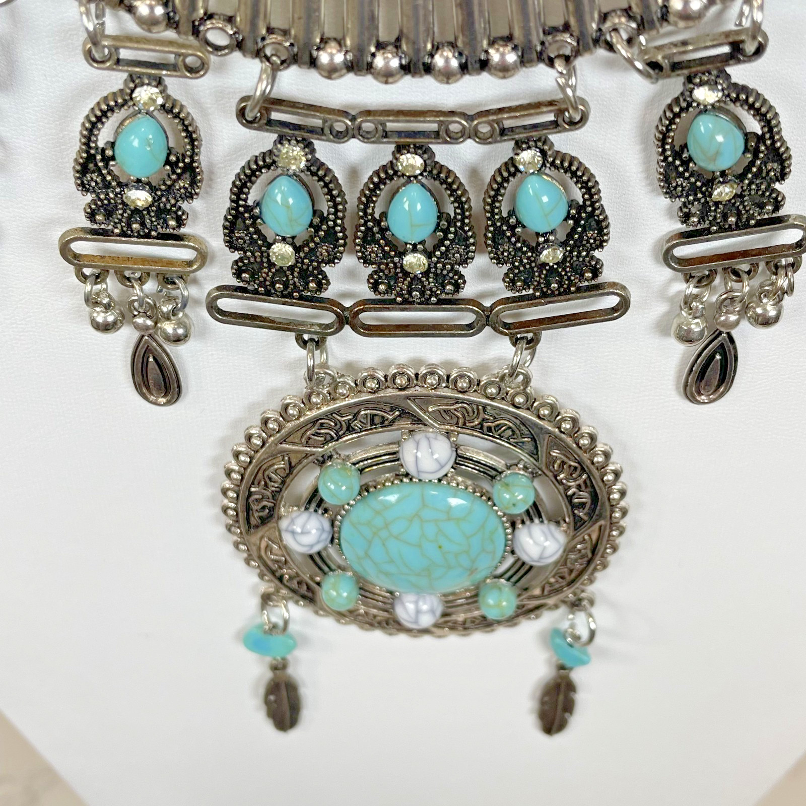 Silver Tone Faux Turquoise Matrix Statement Necklace Feather Bead Southwestern