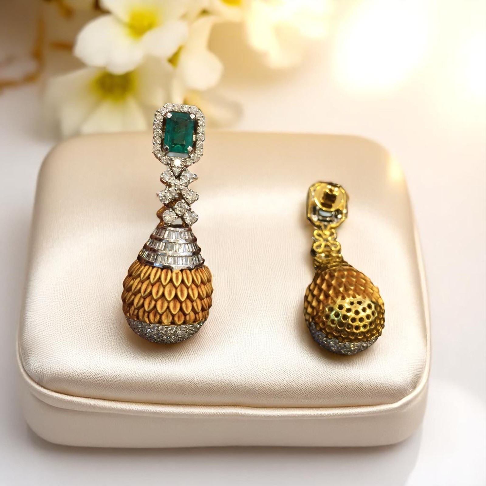 Elegant 6.30 Cts Round Baguette Shape Diamond Emerald Dangle Earrings 14K Gold