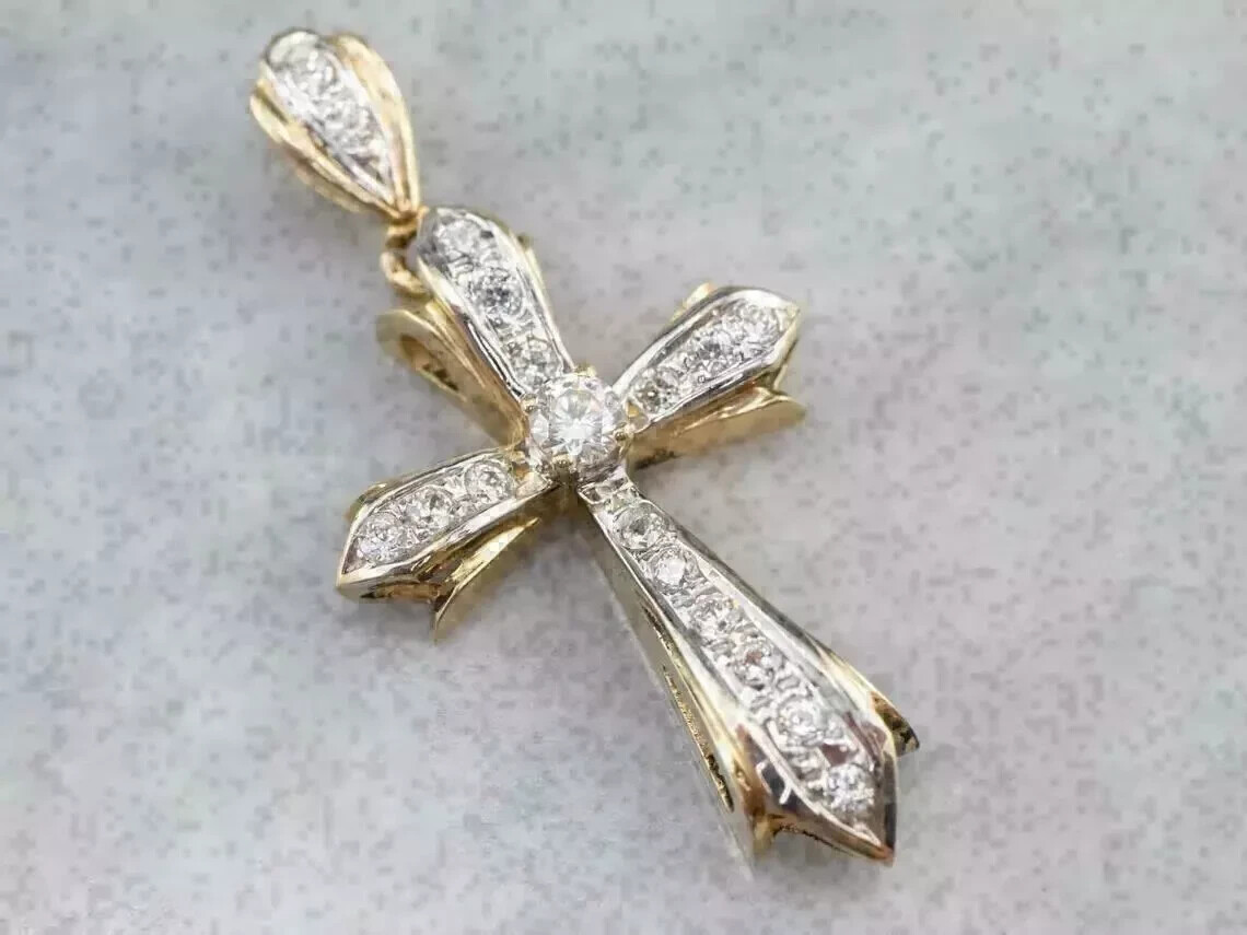 1.10Ct Round Cut VVS1/D Diamond Cross Pendant 14K Yellow/White Gold Over