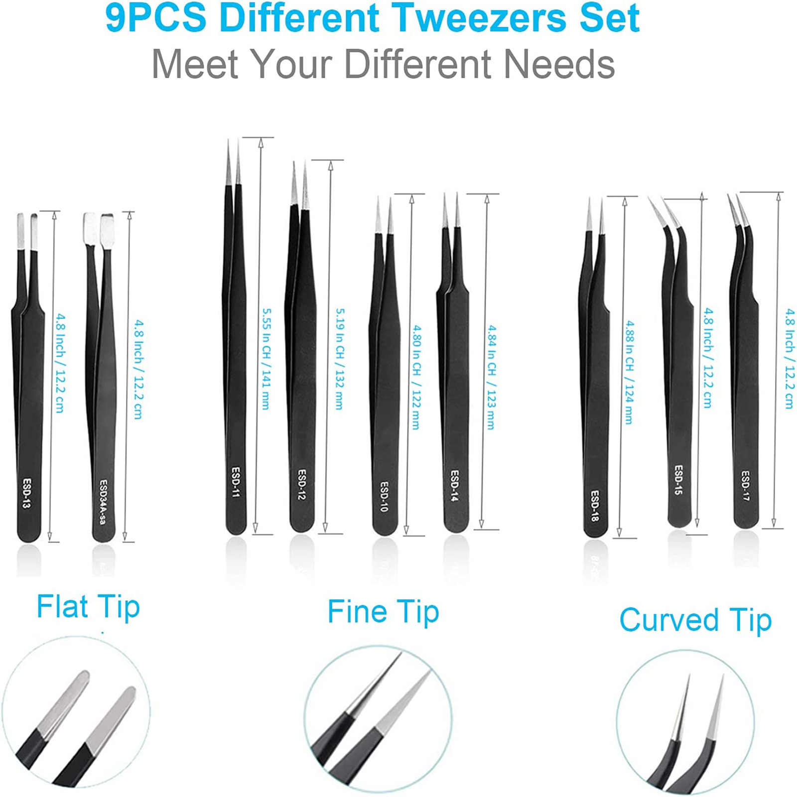 9 Pcs Maintenance Repair Stainless Steel Tools Kit ESD Anti-static Tweezers Set