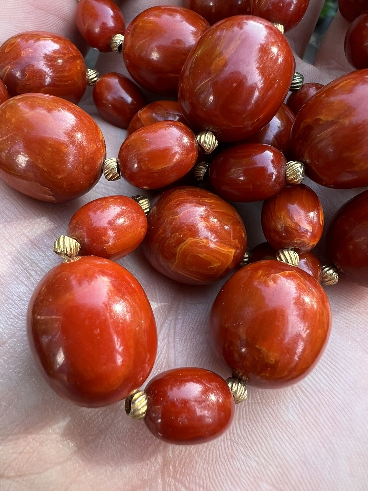 Vintage Bakelite Red Oval Swirl Bead Necklace 83.5 Grams 28.5″