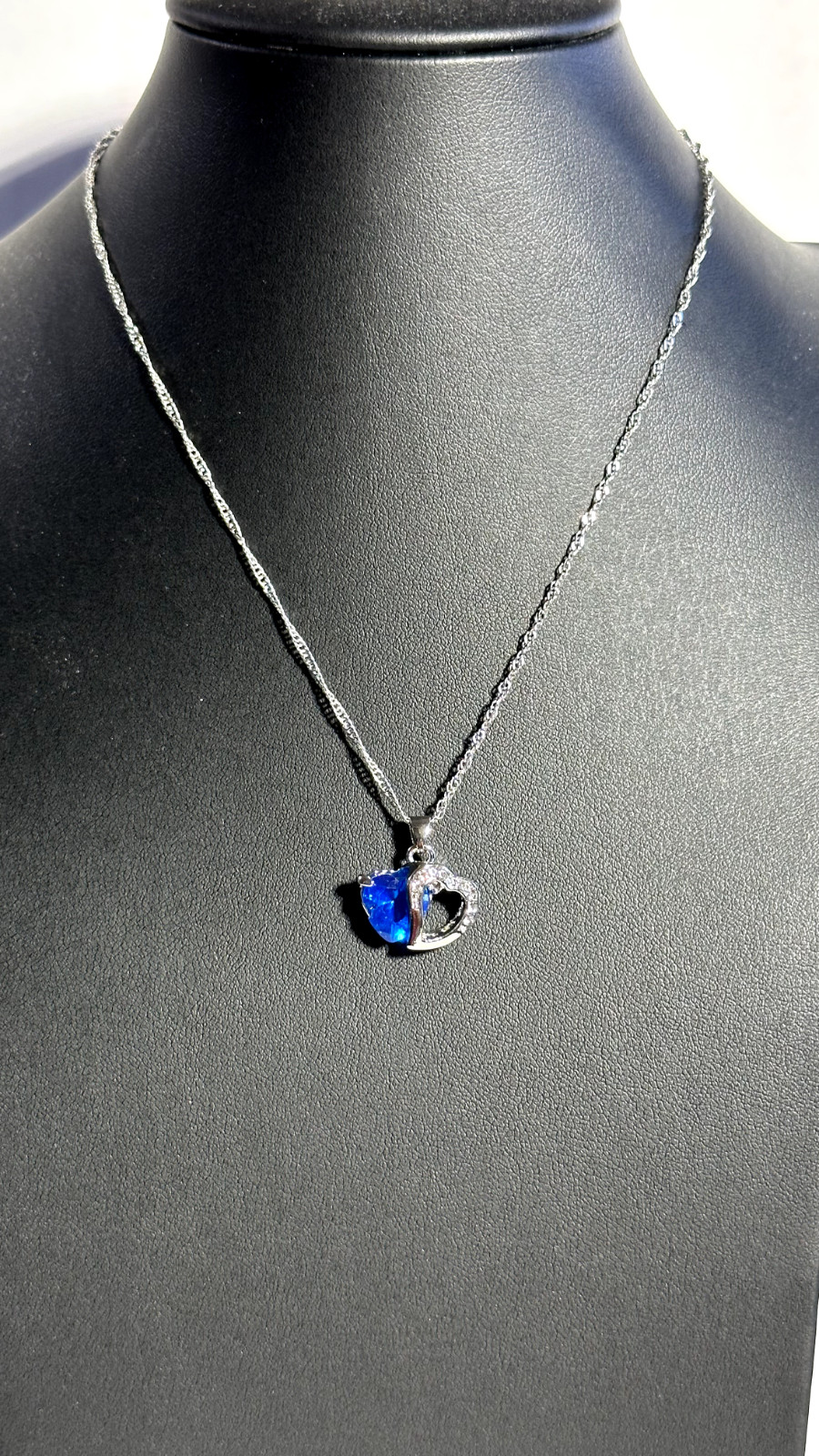 Blue Jeweled heart with cz on side necklace RS5/54