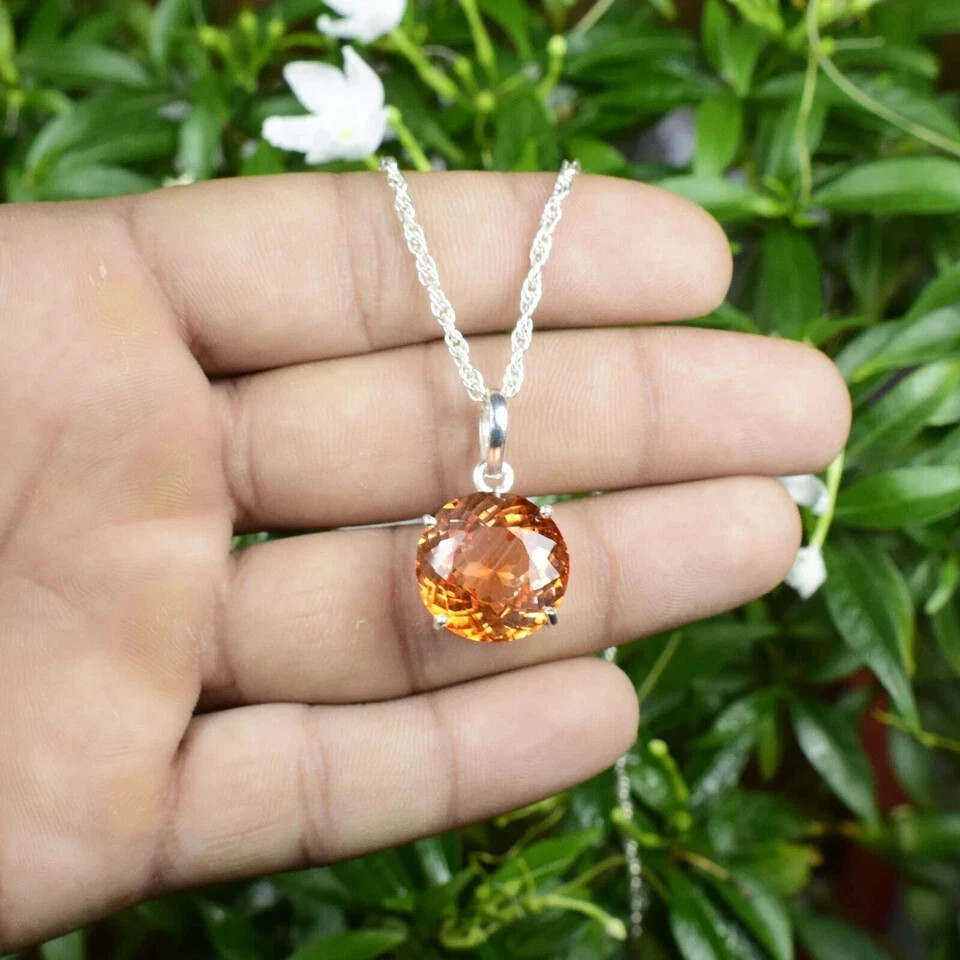 35 Ct Natural Orange Sapphire Pendant 925 Sterling Silver Gemstone Jewelry Round