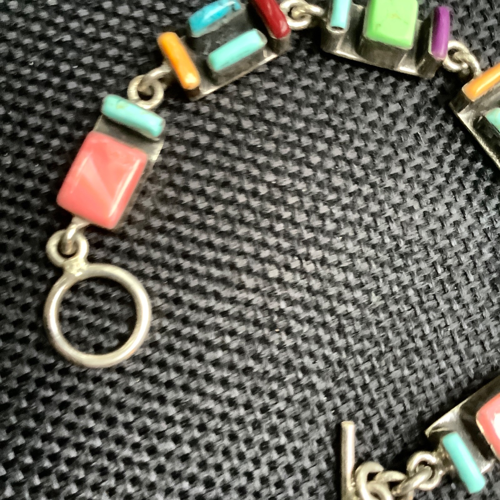 VTG Mexico 925 Inlaid MOSAIC Multi Gemstone Bracelet SZ 6.5 SMALL