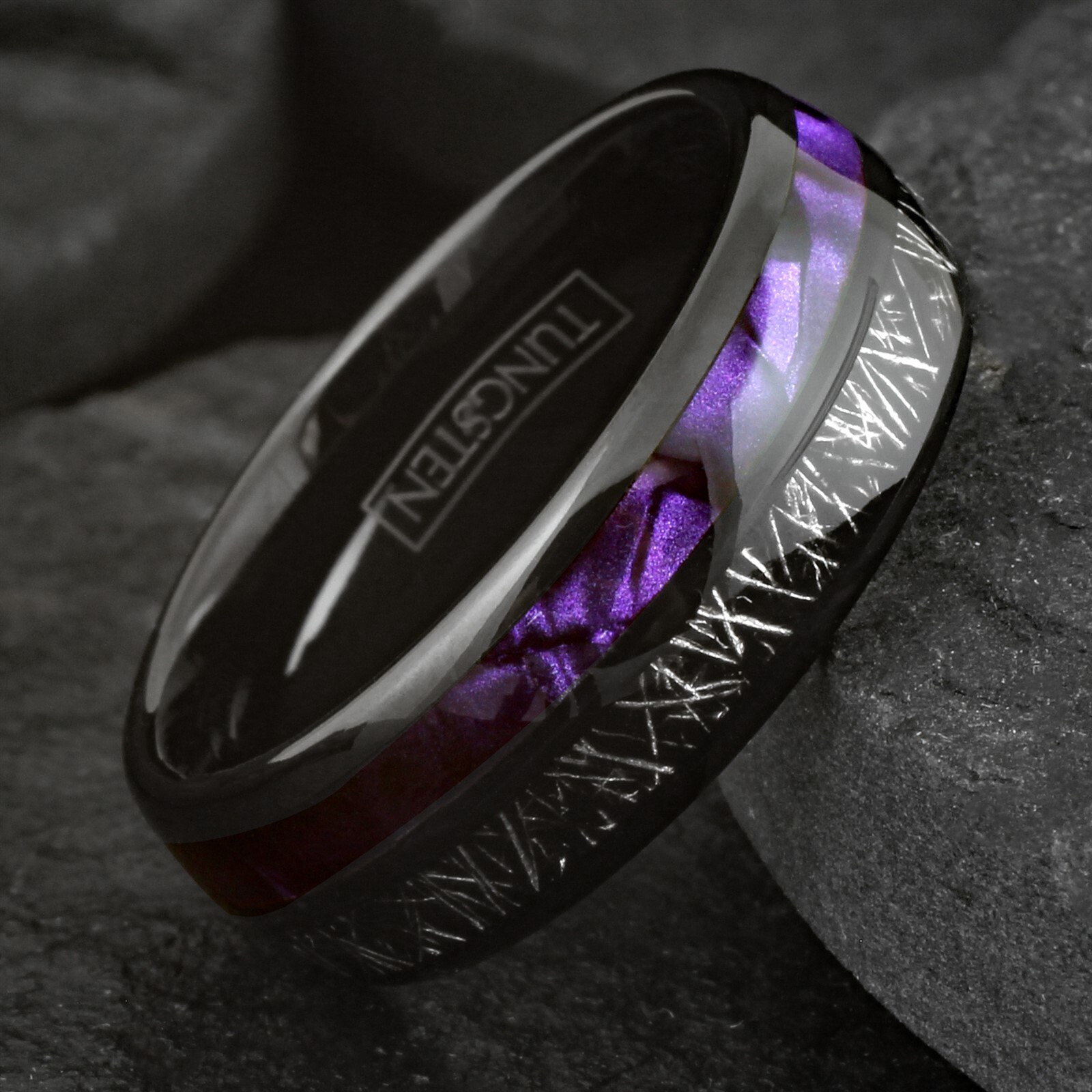 Black Tungsten Carbide Ring Purple Shell and Faux Meteorite Stripe Wedding Band