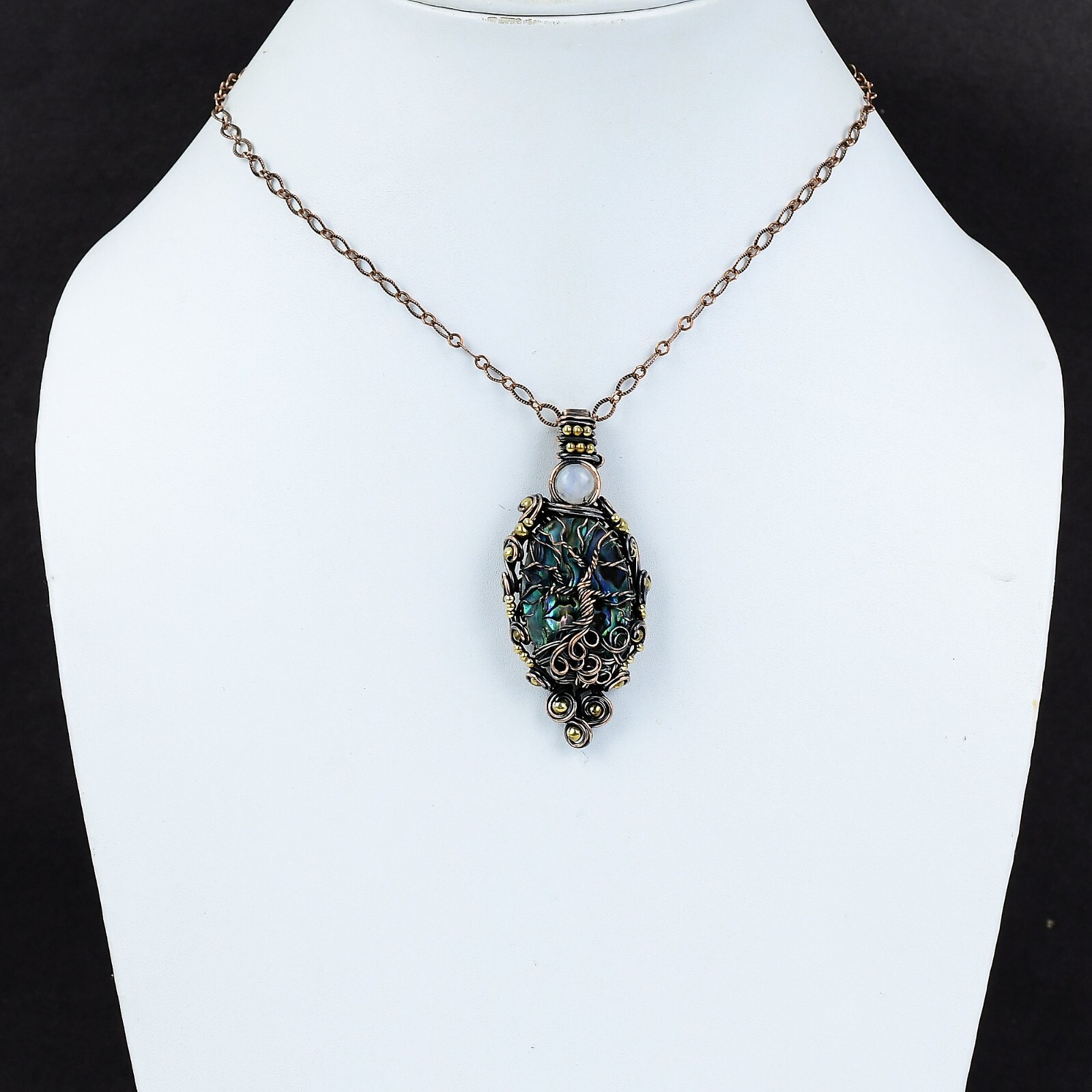 Womens day Deal Oval Abalone Shell Gemstone Rainbow Moonstone New Pendant Copper