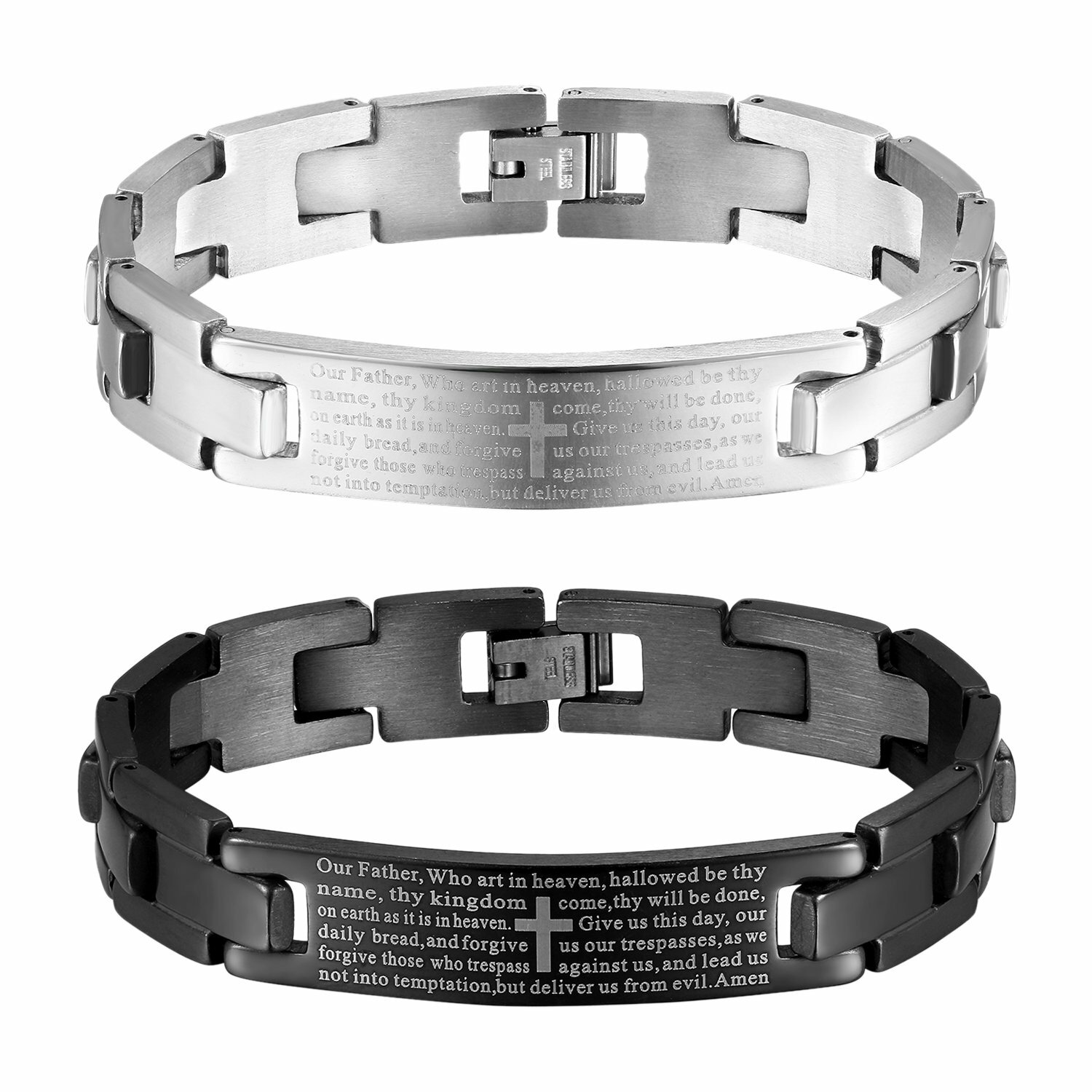 Mens Stainless Steel Cross English Bible Lords Prayer Bangle Bracelet Wristband