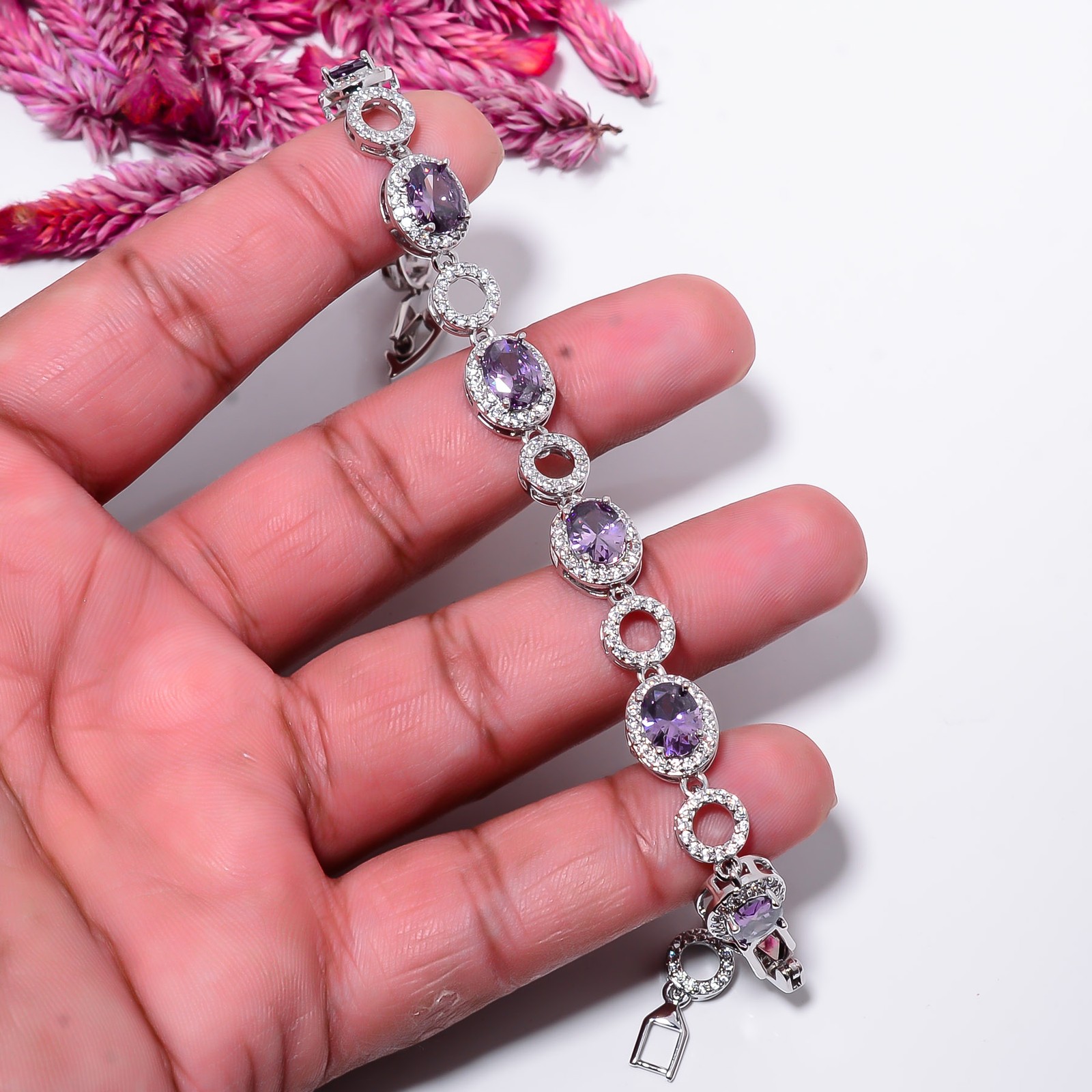 Purple Amethyst, CZ 925 Sterling Silver Adjustable Bracelet 7-8″ B132213